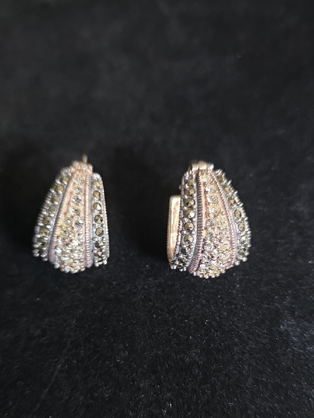 Sterling Silver, Marcasite And Crystal Dome Pierced Earrings